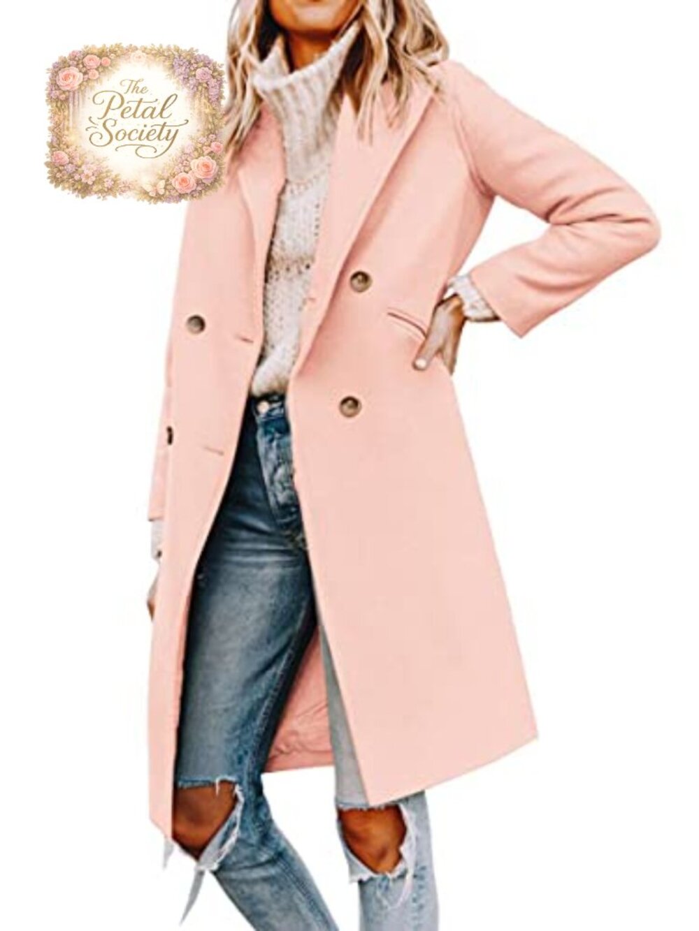 Women's Notched Lapel Double Breasted Pea Coat Mid Long Coat